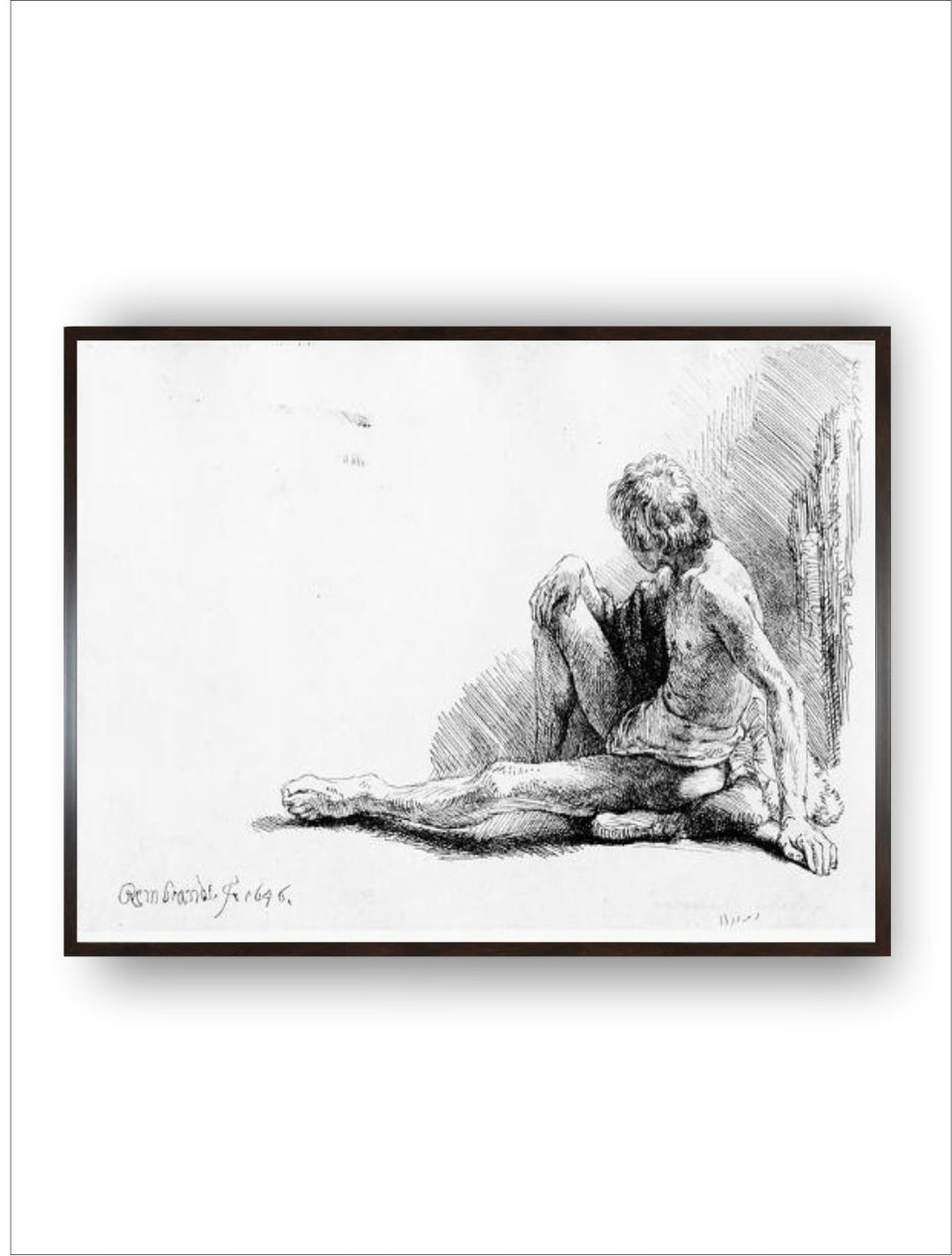 "Man Seated on the Ground White  Grey Wooden Painting Wall Art''
