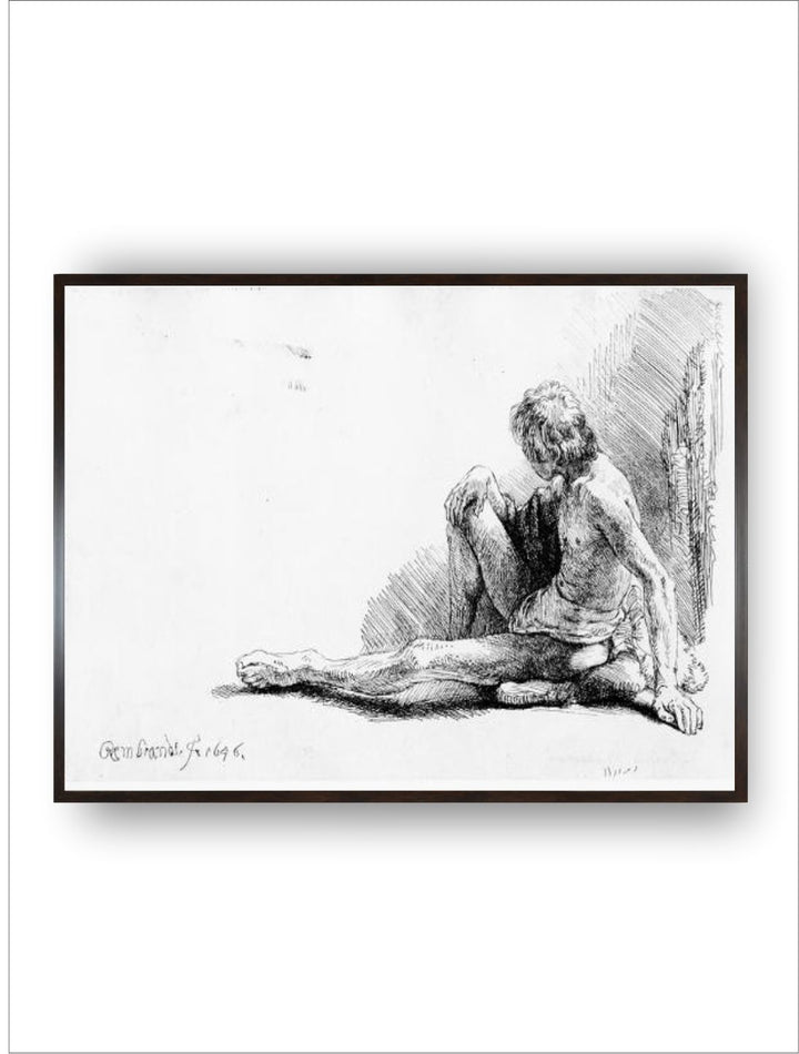 "Man Seated on the Ground White  Grey Wooden Painting Wall Art''