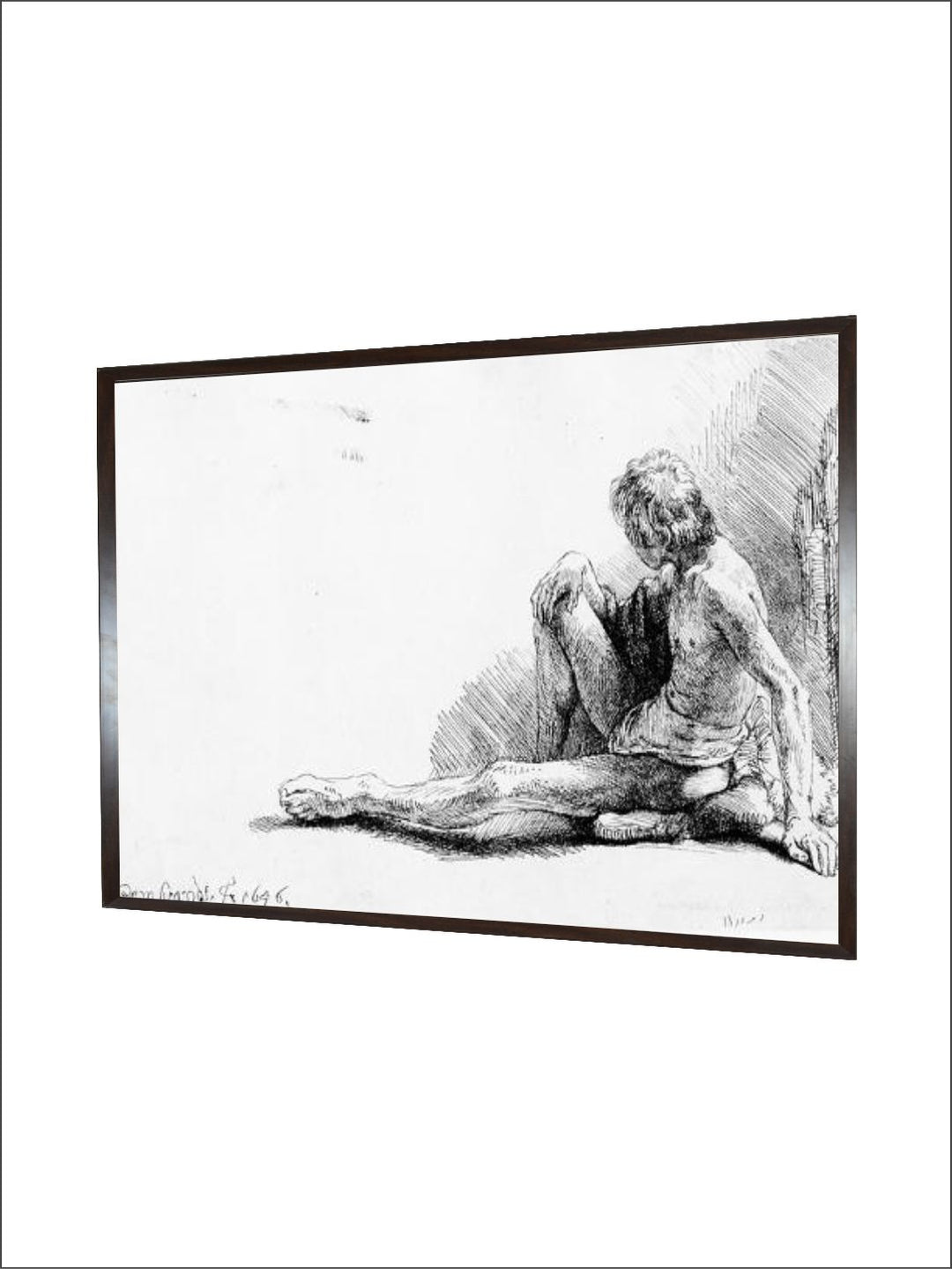 "Man Seated on the Ground White  Grey Wooden Painting Wall Art''