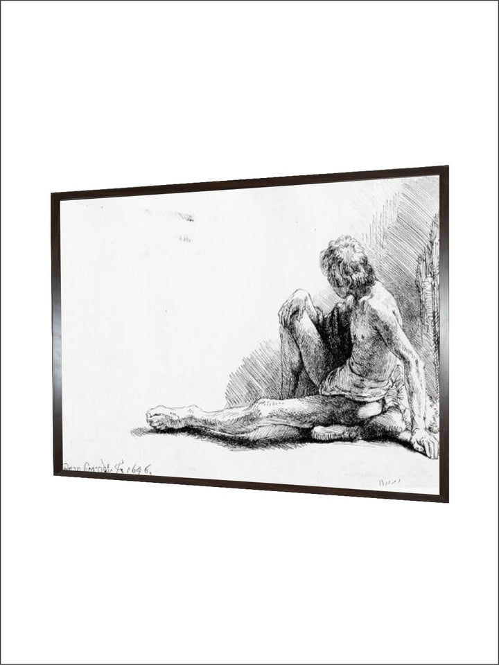 "Man Seated on the Ground White  Grey Wooden Painting Wall Art''