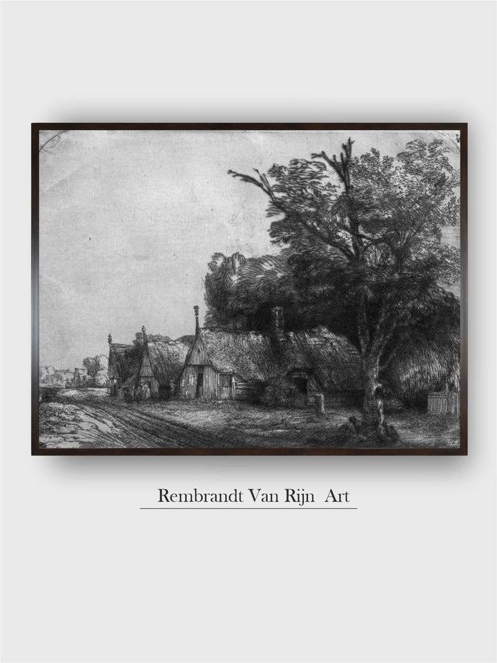 "Grey & Black Landscape With Three Cottages Wooden Painting Wall Art''