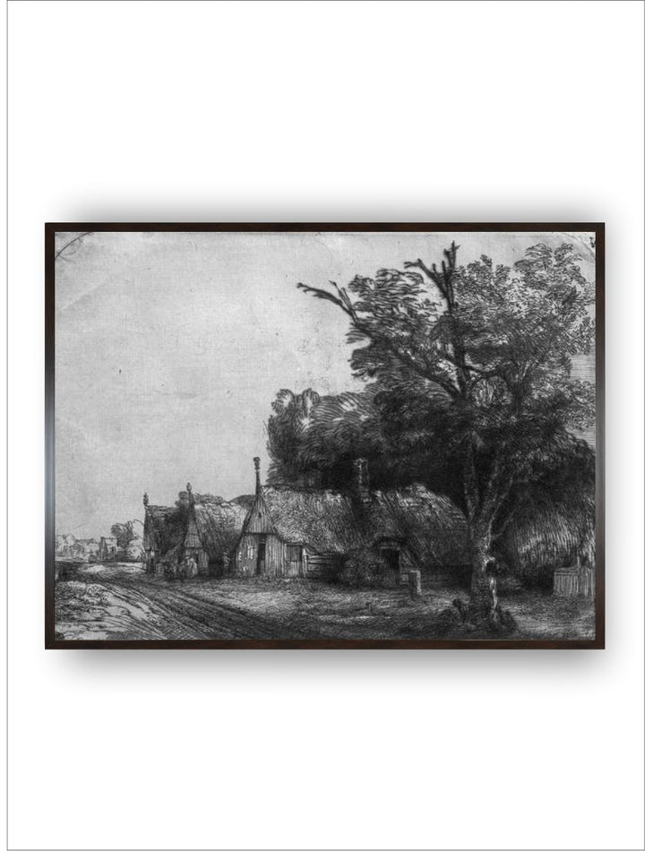 "Grey & Black Landscape With Three Cottages Wooden Painting Wall Art''
