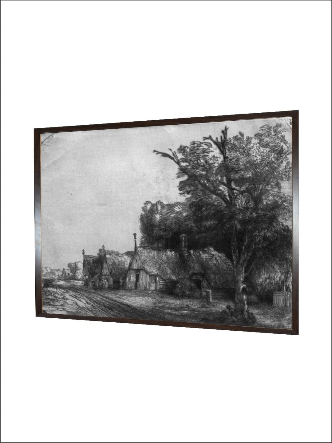 "Grey & Black Landscape With Three Cottages Wooden Painting Wall Art''