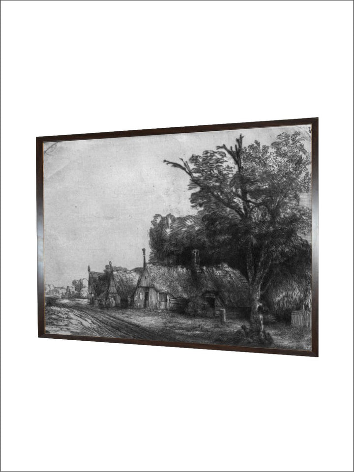 "Grey & Black Landscape With Three Cottages Wooden Painting Wall Art''