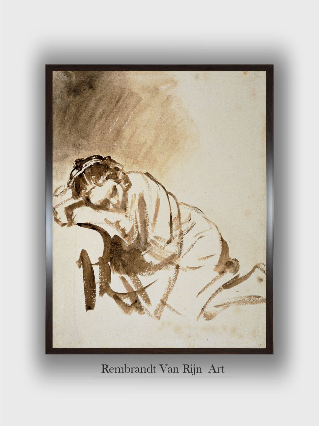 "Beige  Brown Young Woman Sleeping Wooden Framed Painting Wall Art''