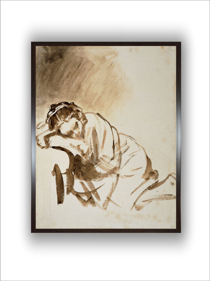 "Beige  Brown Young Woman Sleeping Wooden Framed Painting Wall Art''