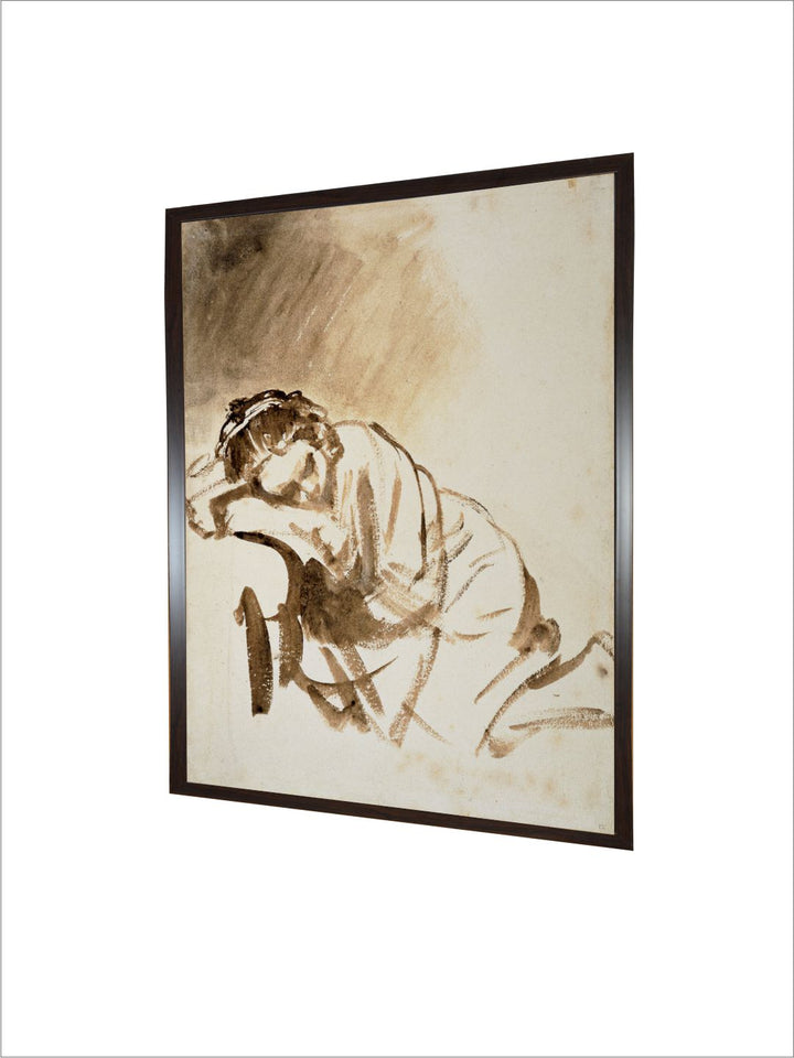 "Beige  Brown Young Woman Sleeping Wooden Framed Painting Wall Art''