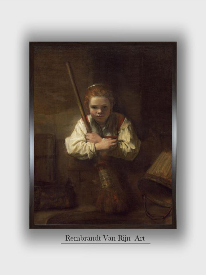 "Brown  Beige A Girl with a Broom Wooden Wall Art Painting''