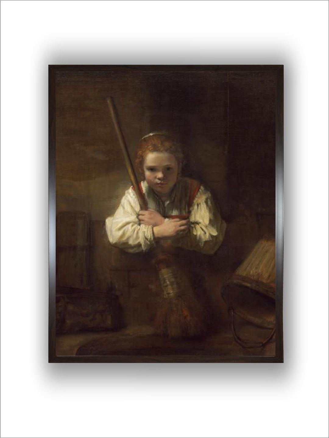 "Brown  Beige A Girl with a Broom Wooden Wall Art Painting''