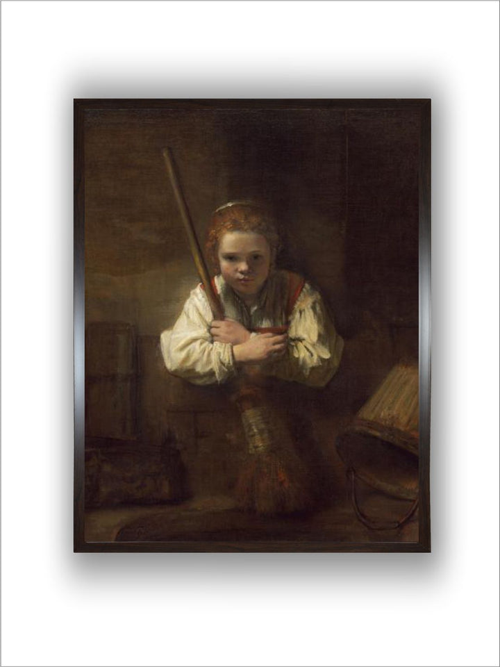 "Brown  Beige A Girl with a Broom Wooden Wall Art Painting''