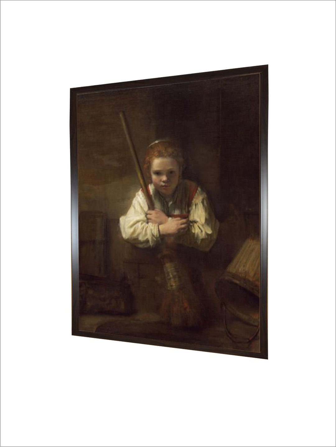 "Brown  Beige A Girl with a Broom Wooden Wall Art Painting''