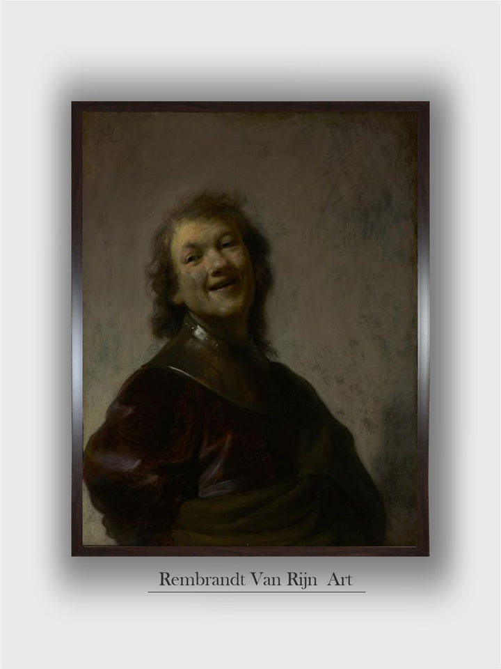 " Brown  Beige Rembrandt Laughing Canvas Wooden Painting Wall Art''