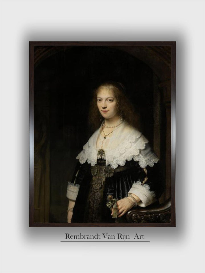 "Black  White Portrait Of A Woman By Rembrandt Wooden Painting Wall Art''