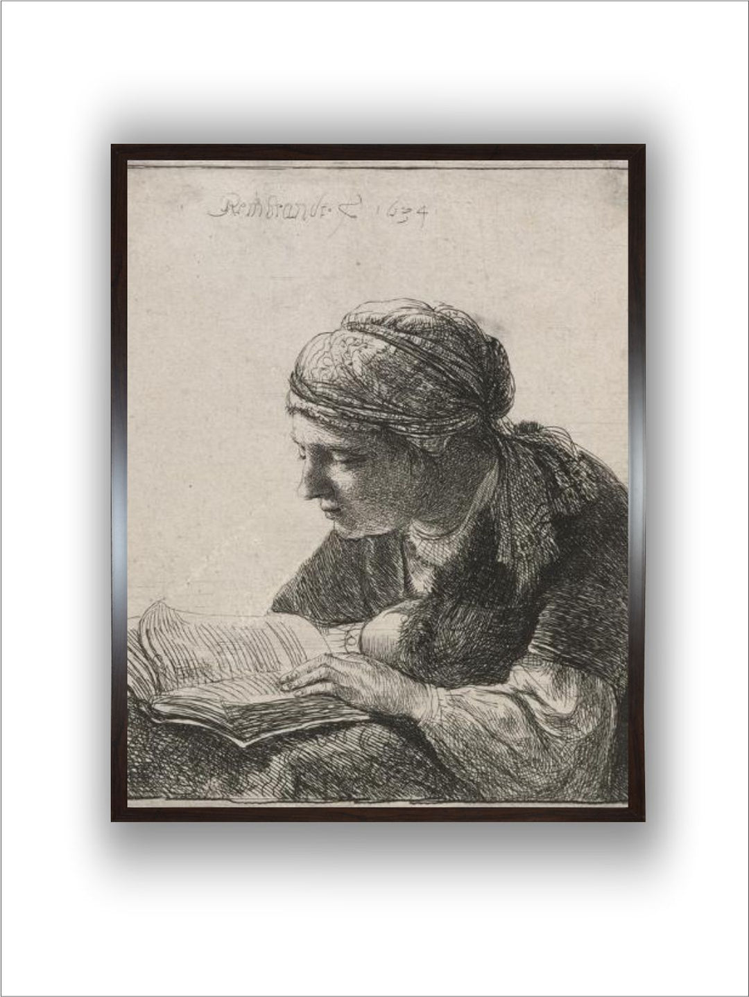 "Beige  Grey Woman Reading Wooden Framed Painting Wall Art''