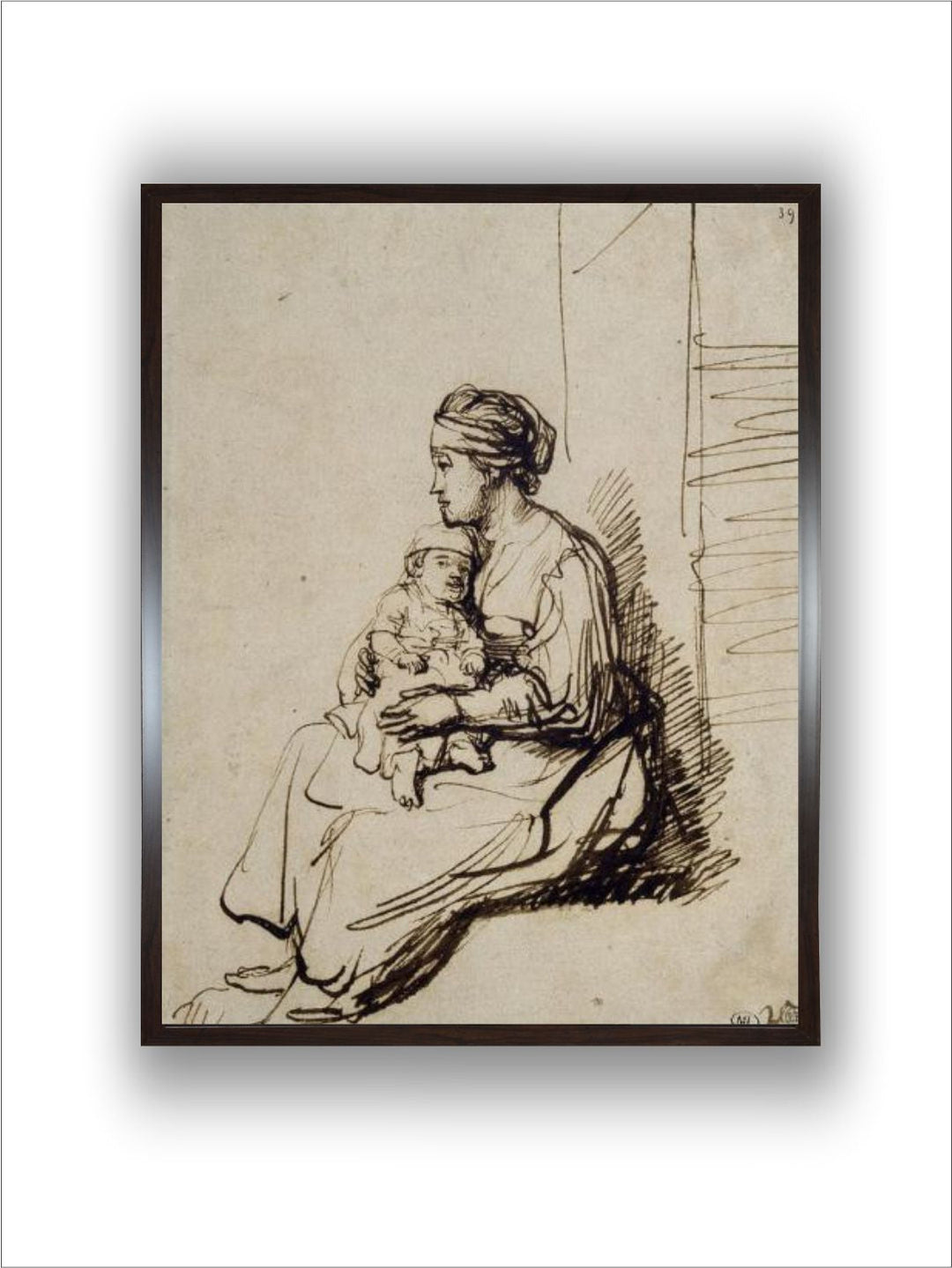 Jeune femme assise tenant son enfant sur ses genoux by Rembrandt Van Rijn