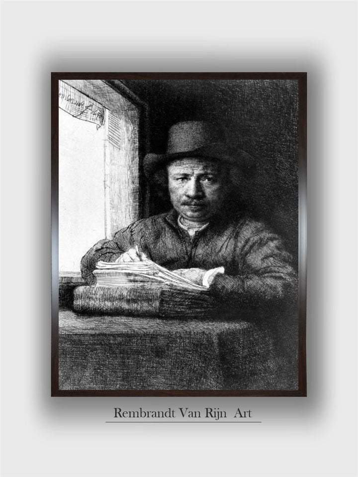 Self Portrait While drawing, 1648 (Etching) by Rembrandt Van Rijn