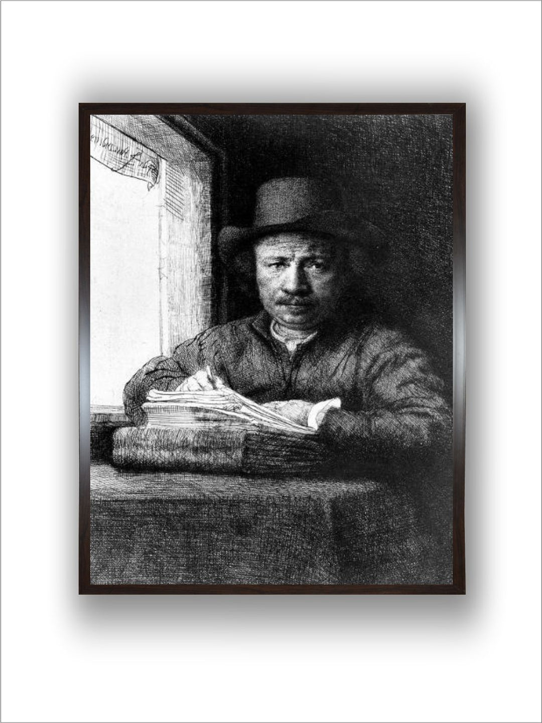 "Self Portrait While Drawing, 1648 Wooden Wall Painting''
