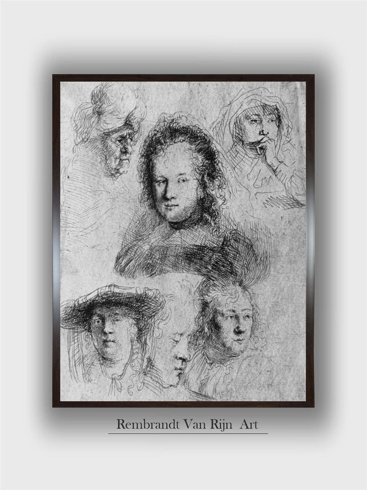 Six Heads with Saskia Van Uylenburgh in the Centre, 1636 by Rembrandt Van Rijn