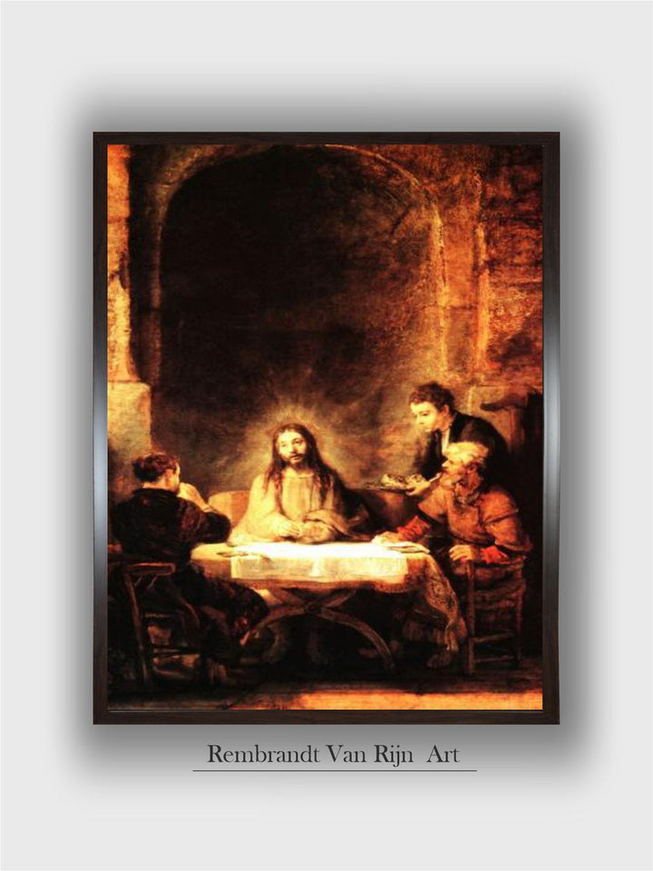 "Brown  Yellow 1 Piece Christ in Emmaus Wooden Frame Wall Painting''