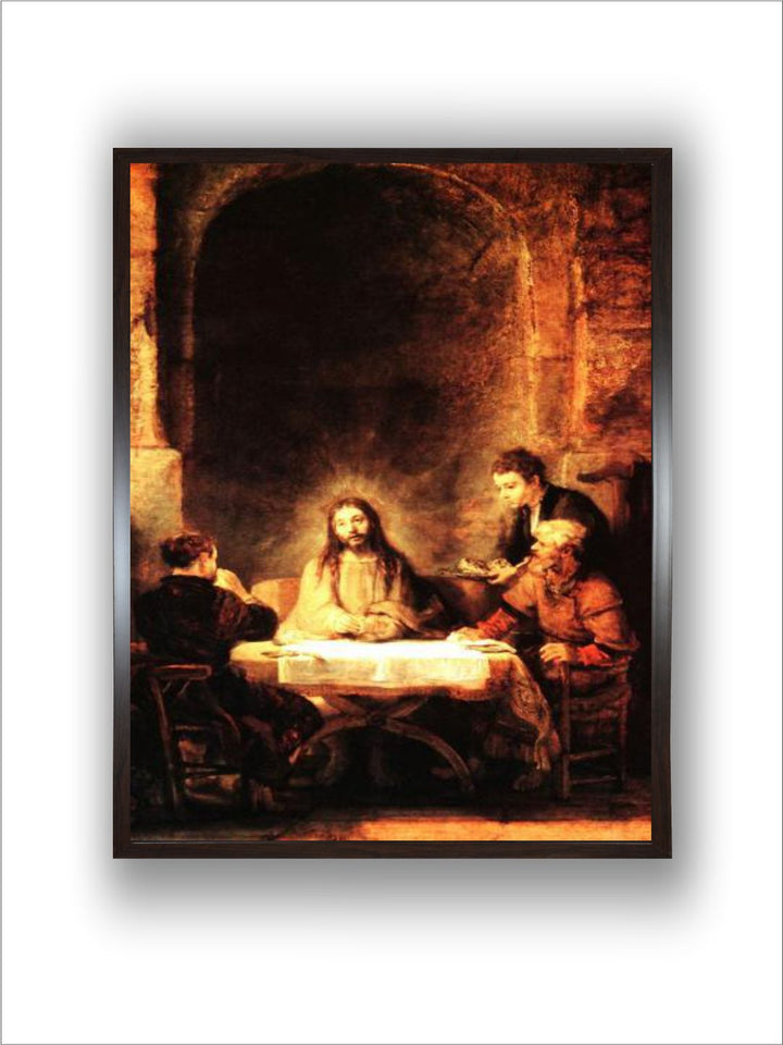 "Brown  Yellow 1 Piece Christ in Emmaus Wooden Frame Wall Painting''