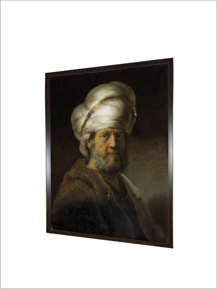 "Brown  White 1Pc Wooden Frame Man In Oriental Dress Wall Painting''