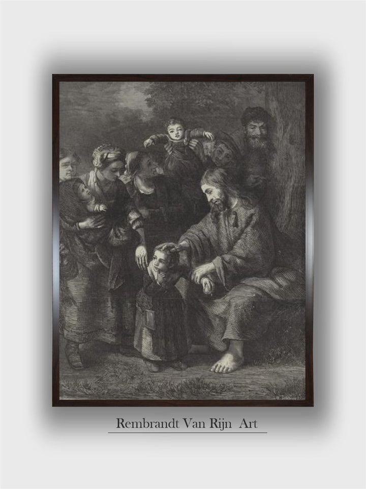 "Grey 1 Piece Christ Blessing Little Children Wooden Frame Painting''