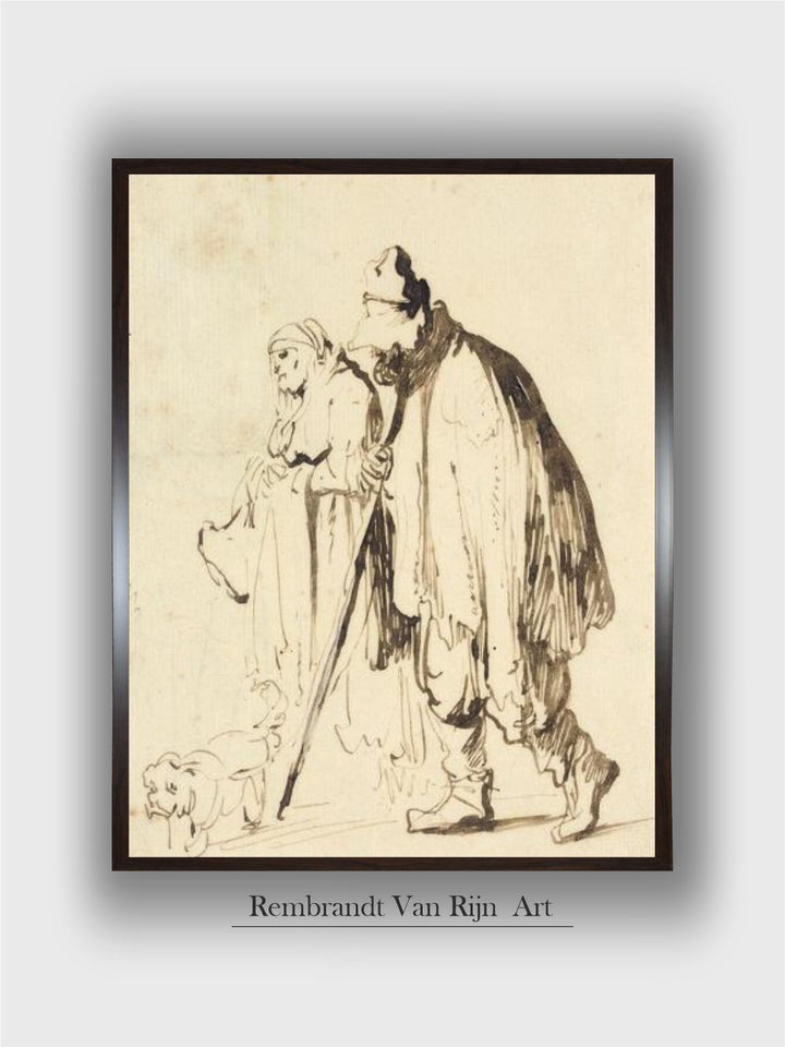 "Beige  Grey Wooden Vagrant Couple With A Dog Rectangular Painting Wall Art''