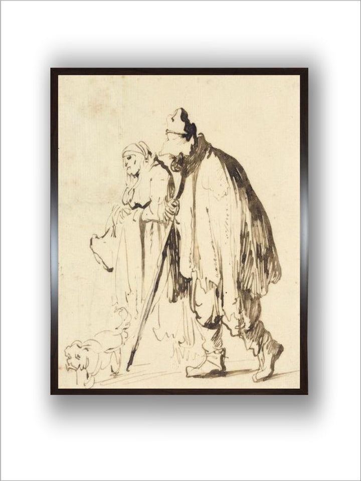 "Beige  Grey Wooden Vagrant Couple With A Dog Rectangular Painting Wall Art''