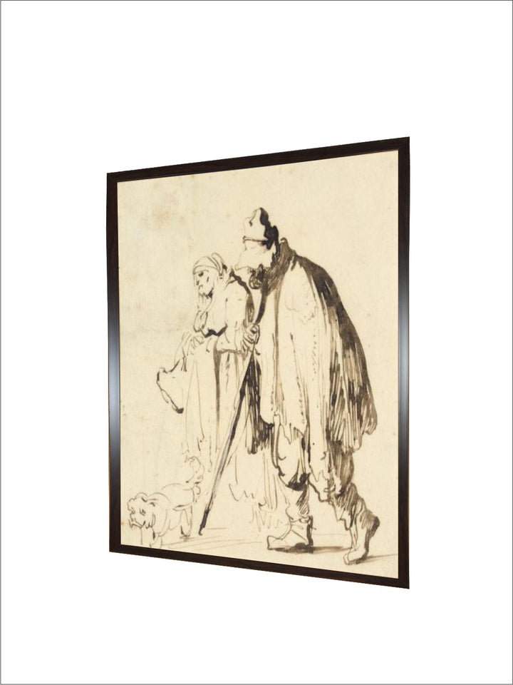 "Beige  Grey Wooden Vagrant Couple With A Dog Rectangular Painting Wall Art''