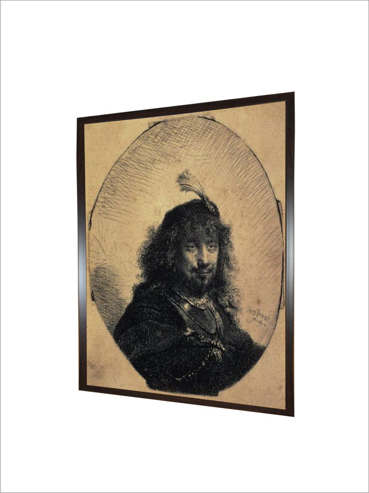 "Self-Portrait in a Cap with a Plume and a Sabre, 1634 Wooden Wall Painting''