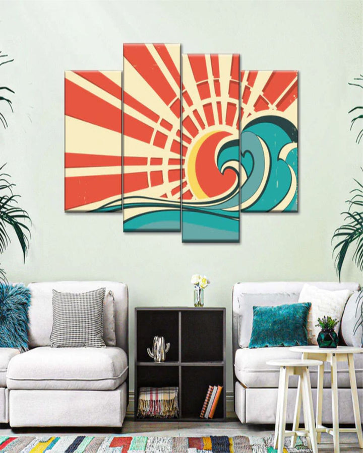 "Set Of 4 Red & Blue Abstract Painting Wall Art''