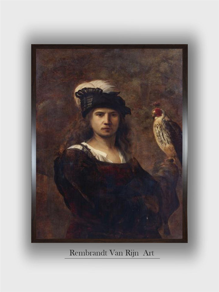 A Falconer, Standing Half Length, in a Feathered Hat by Rembrandt Van Rijn