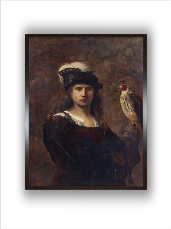 A Falconer, Standing Half Length, in a Feathered Hat by Rembrandt Van Rijn