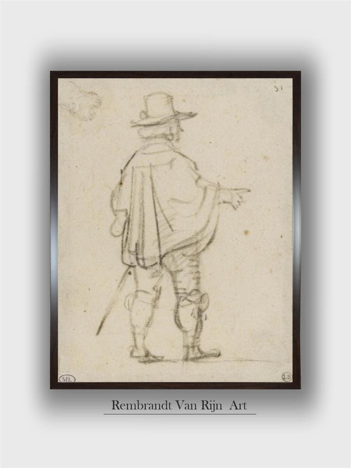 Seigneur debout, portant un court mantelet, de dos pointant le bras droit by Rembrandt Van Rijn