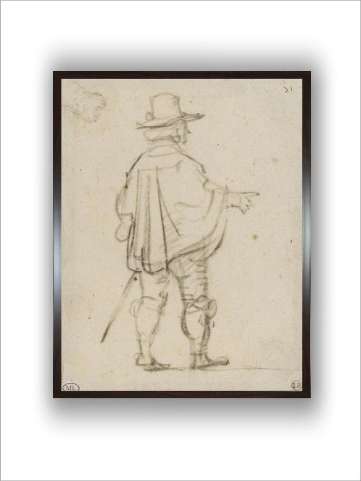 Seigneur debout, portant un court mantelet, de dos pointant le bras droit by Rembrandt Van Rijn