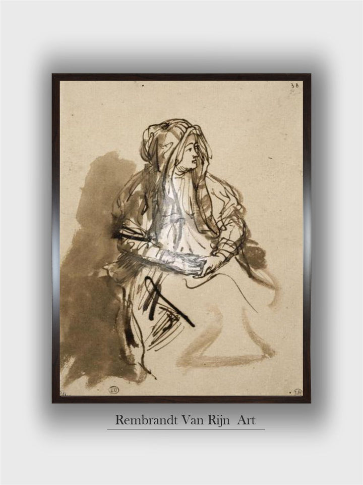Femme (Saskia ?) assise, les mains sur les genoux, coiffée d'un long voile by Rembrandt Van Rijn