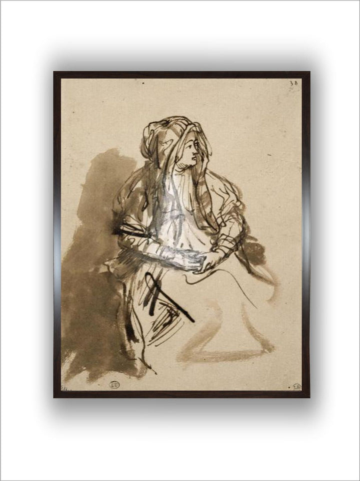 Femme (Saskia ?) assise, les mains sur les genoux, coiffée d'un long voile by Rembrandt Van Rijn