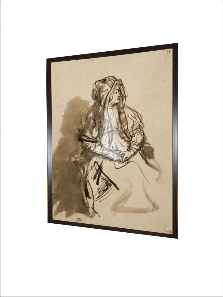 Femme (Saskia ?) assise, les mains sur les genoux, coiffée d'un long voile by Rembrandt Van Rijn