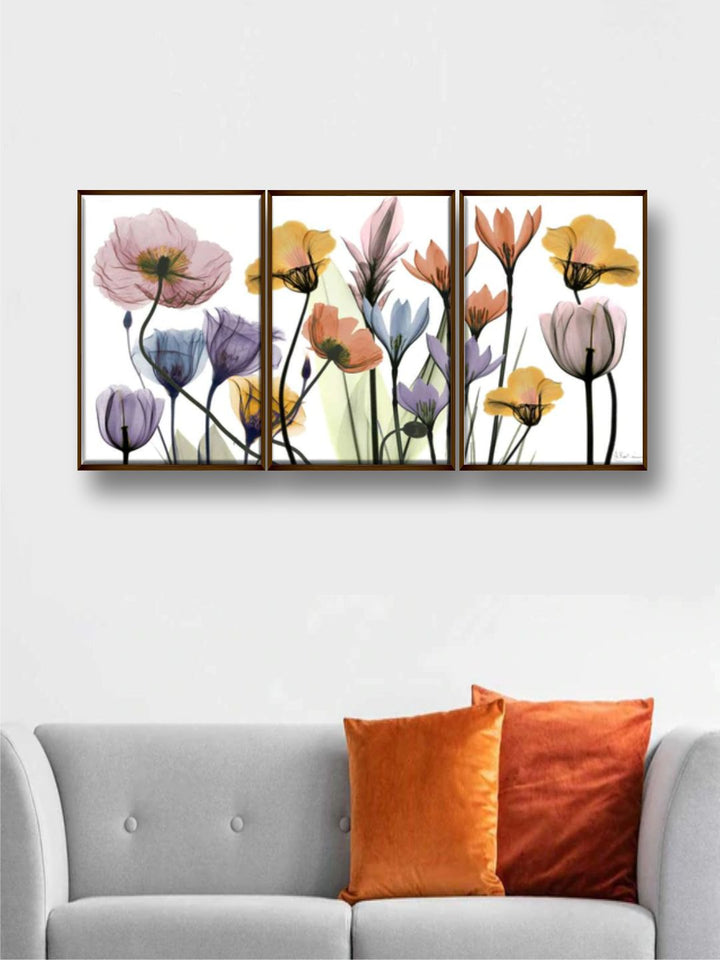 " Set Of 3 White & Blue Printed Abstract Painting Wall Art''