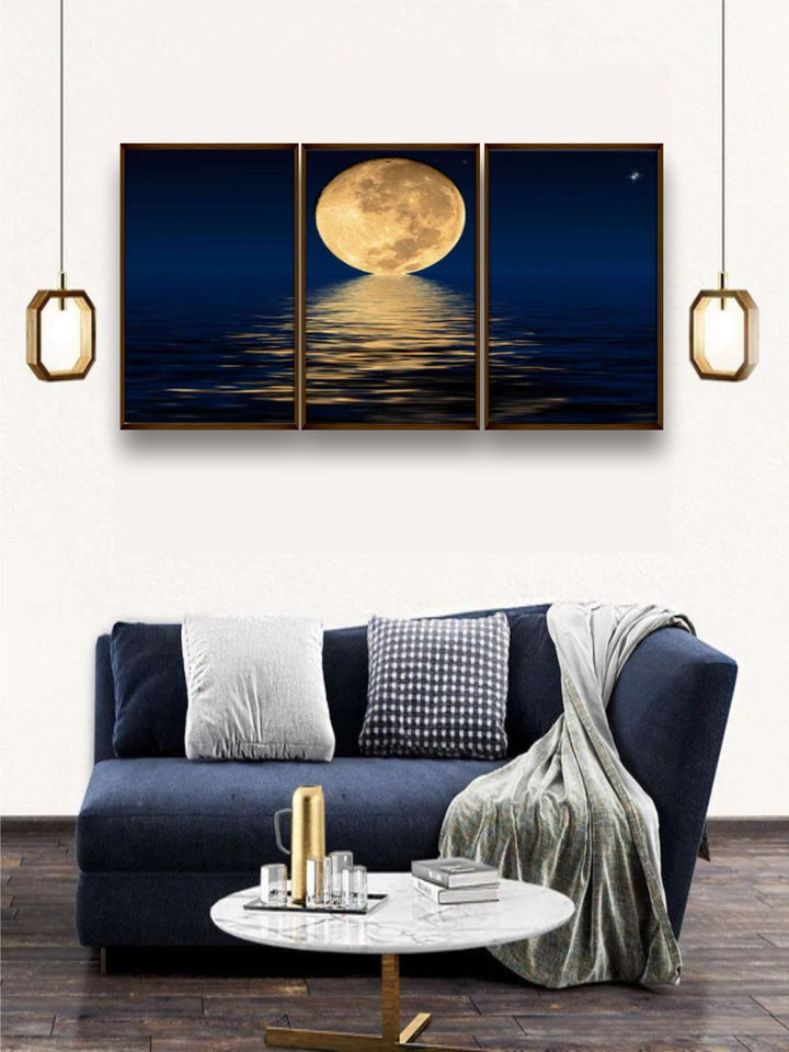 "Set Of 3 Blue & Beige Printed Abstract Painting Wall Art ''