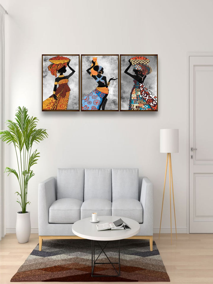 "Set of 3 Orange & Blue Abstract Painting Wall Art''