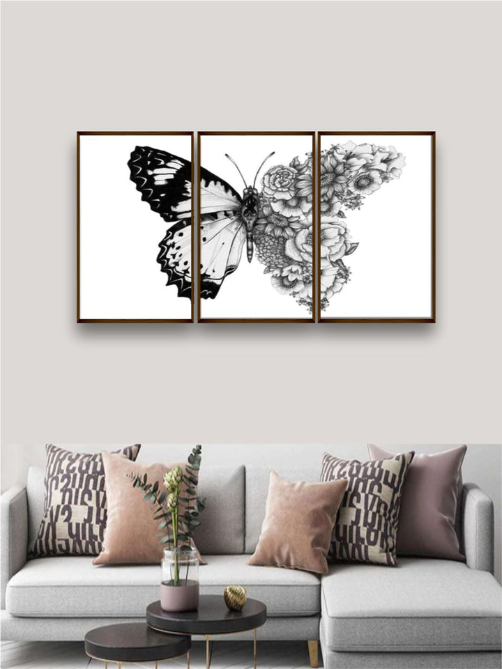 " Set of 3 White & Black Abstract Wall Painting''
