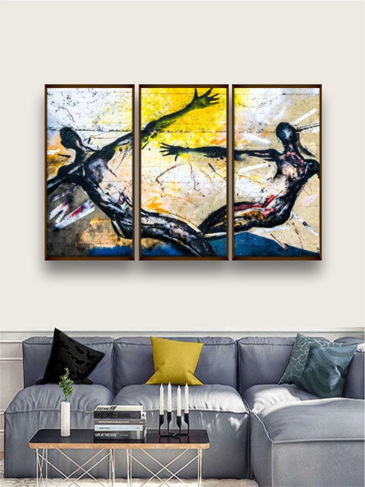 "Set Of 3 Black & Yellow Printed Abstract Painting Wall Art''