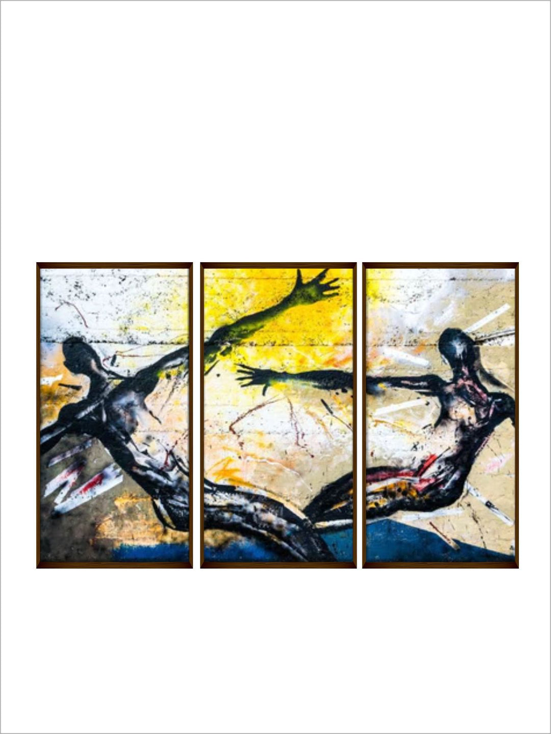 "Set Of 3 Black & Yellow Printed Abstract Painting Wall Art''