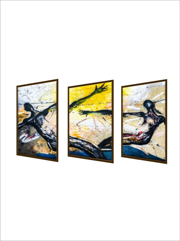 "Set Of 3 Black & Yellow Printed Abstract Painting Wall Art''