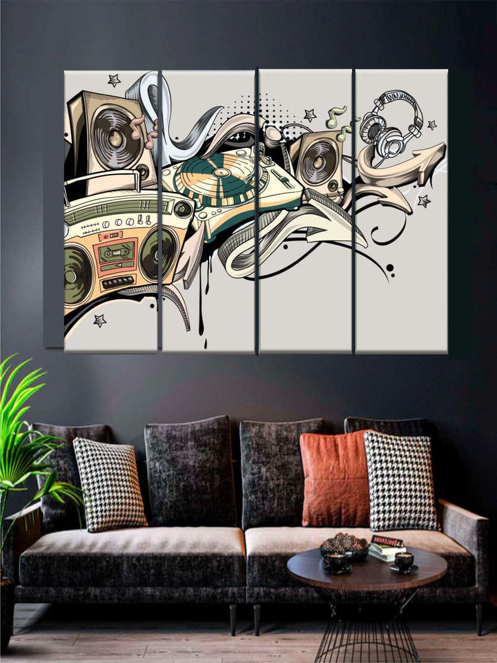 "Set of 4 Green & Cream Coloured Abstract Painting Wall Art''