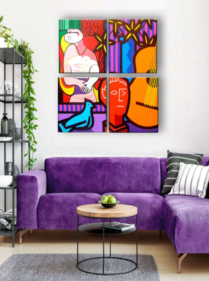 " Set Of 4 Red & Purple Printed Abstract Painting Wall Art''