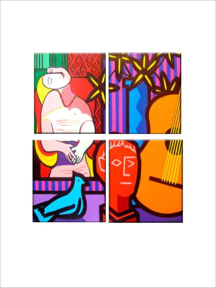 " Set Of 4 Red & Purple Printed Abstract Painting Wall Art''
