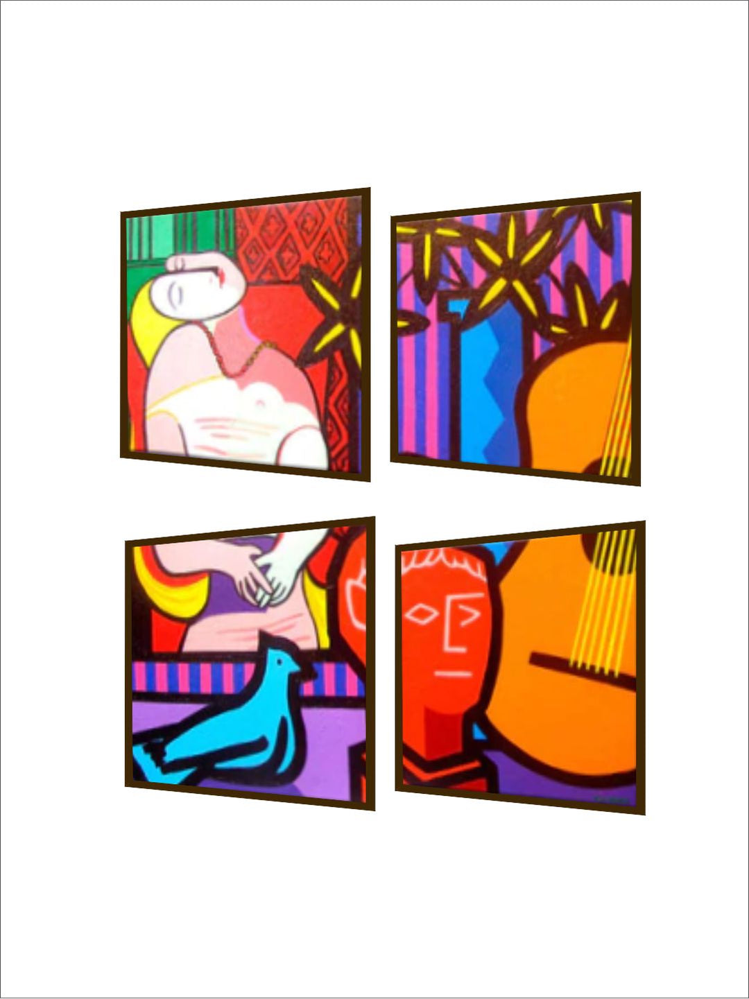" Set Of 4 Red & Purple Printed Abstract Painting Wall Art''