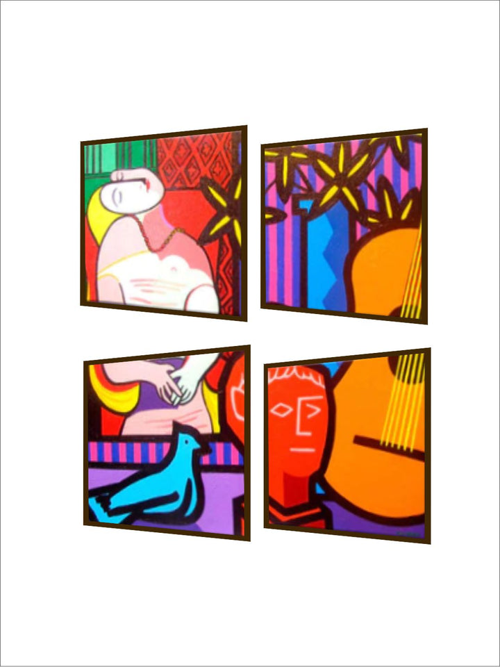 " Set Of 4 Red & Purple Printed Abstract Painting Wall Art''